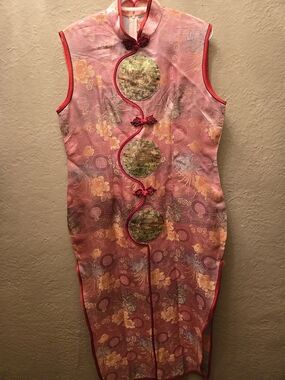 Vintage Pink Brocade Cheongsam Qipao Dress Floral Asian Size L